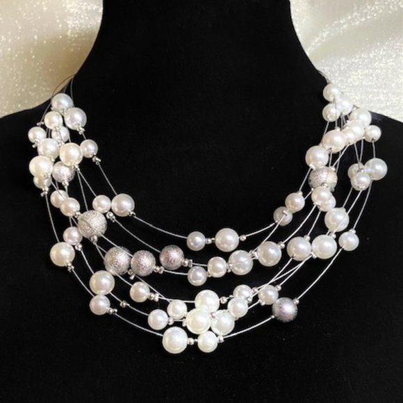 Karen Kettering Designs Jewelry - 💖Dazzling 7 Strans Fashion Pearls on Silver Wire Necklace. Up to 20 In. /N181